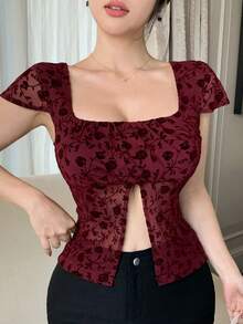 DAZY 女士优雅花卉植绒网纱开衩上衣，夏季 - 紅色 - 查看 5