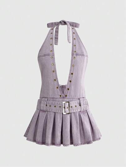 ROMWE Hippie Music Festival V-Neck Sleeveless Washed Denim Rivet Halter Dress For Women