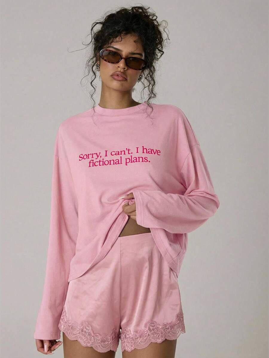 MUSERA Camiseta gráfica de manga larga oversize, casual, linda, cómoda y acogedora para otoño, invierno, primavera y verano - Rosa - Ver 1