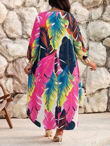 SHEIN Lady Áo kiểu dáng mùa xuân hè, phong cách boho, thường ngày, thích hợp đi biển, dự tiệc âm nhạc/lễ hội âm nhạc, chất liệu dệt nhiều màu sắc, cổ tròn, tay phồng, dáng bất đối xứng, cỡ lớn. - Nhiều màu - Xem 2