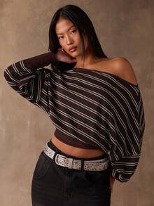 SHEIN BAE 女士休闲通勤不对称领条纹短款上衣 - 咖啡棕 - 查看 5
