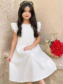 SHEIN Vestido texturizado con manga de tapeta para niña preadolescente - Blanco - Ver 10