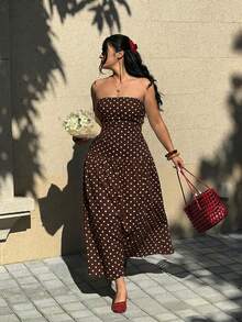 GalTyme 大码棕色波点印花抹胸连衣裙 - 棕色 - 查看 7