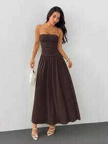 SHEIN PETITE 优雅纯色连衣裙 - 棕色 - 查看 7