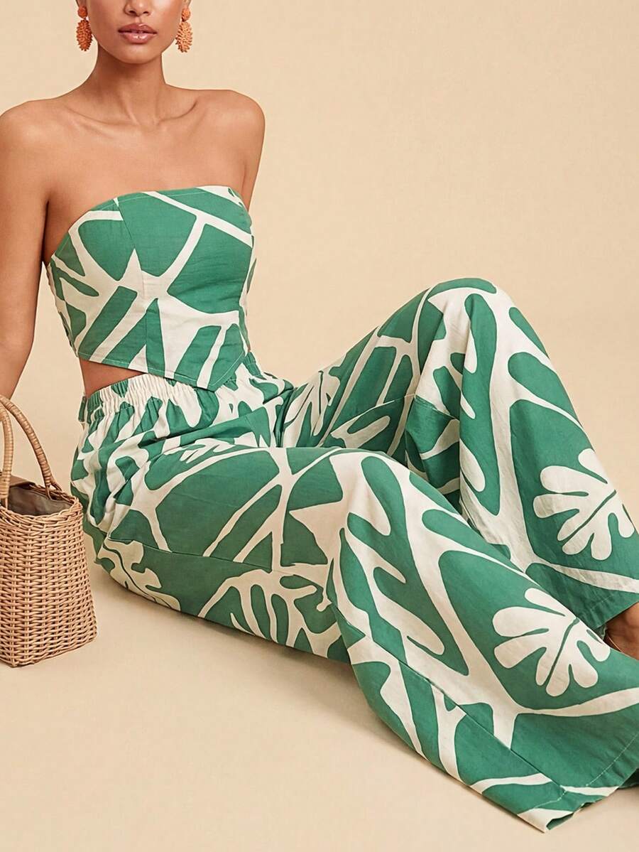 Travachic Top bandeau estampado y pantalones sueltos, conjunto de dos piezas para mujer, carnaval, verano - Verde - Ver 1