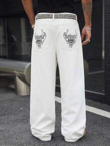 Manfinity ZONE917 Men's Casual Fashion American Street Letter & Flame Embroidery White Loose Wide-Leg Jeans, Belt Not Included - White - View 3