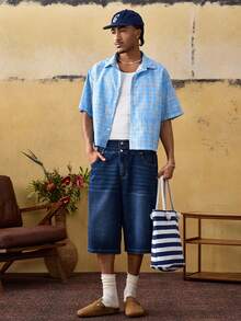 ROMWE MEN Casual Quần short denim nam thêu họa tiết trái cây nhiều màu sắc, thích hợp cho mùa hè. - Màu xanh lam - Xem 6
