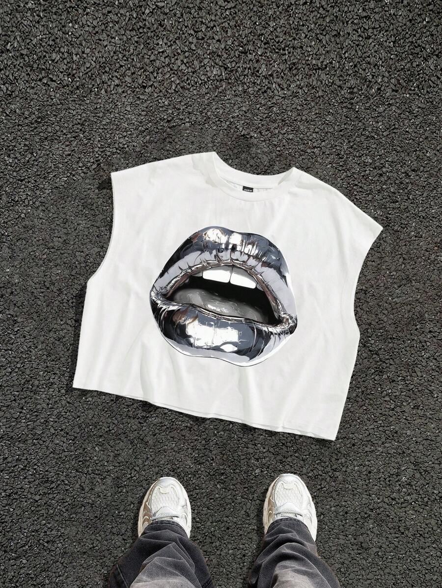 Manfinity ZONE917 Áo tank top dáng rộng màu trắng in hình môi kim loại, thích hợp mặc mùa hè, dành cho nam giới. - trắng - Xem 1