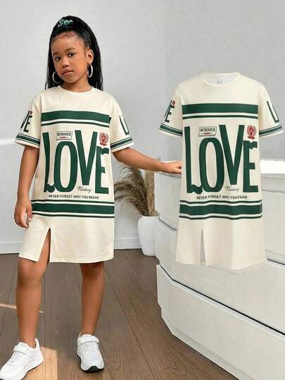 少女撞色下摆开衩宽松针织短袖休闲连衣裙，百搭时尚，适合日常穿着和外出。