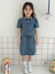 DAZY Conjunto informal de niña joven de primavera: camisa de manga abullonada con botones y minifalda de mezclilla - Azul lavado medio - Ver 3
