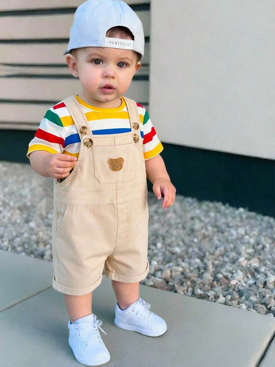 2件套男婴针织条纹休闲T恤和纯色梭织背带裤套装 - 彩色 - 查看 1