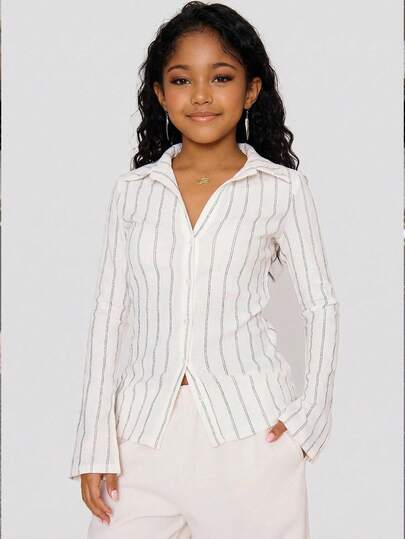 Oversized Casual Vacation Shirt For Tween GirlsRelaxed Fit, Skin-Friendly Fabric, Refreshing Gray Striped Shirt Suitable For Casual Daily And Vacation Wear, New Summer Item