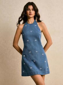 Poéselle 女士花卉刺绣露背吊带牛仔连衣裙 - 中等水洗藍 - 查看 5