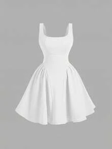 SHEIN MOD Đầm không tay hở lưng màu trơn dành cho nữ cỡ lớn, có nơ trang trí. - trắng - Xem 2