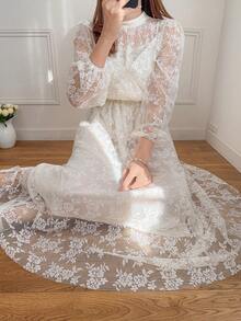 FRIFUL Damen Rundhals Kleid mit durchgehender Spitze, bestickter Dekoration, locker geschnittenes A-Linien Sommerkleid in Unifarbe - Aprikosenfarben - Übersicht 7