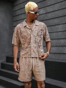 PAVTROS Men's Knitted Jacquard Loose Drop Shoulder Short Sleeve Shirt And Shorts Set, Youthful Street Style - Khaki - View 3