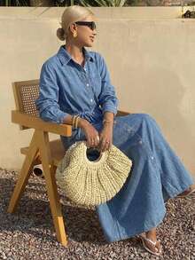 Livesso Women's Collared Tie-Waist Washed Denim Dress - Blue - View 1