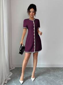 Rafferiza Elegant Business Casual Round Neck Trim Waist Short Sleeve Button Front Mini Dress, Suitable For Spring And Summer - Red Violet - View 4