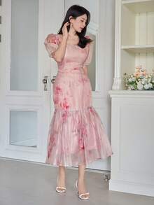 DAZY Women's Elegant Floral Print Square Neck Puff Sleeve Fishtail Midi Dress, Summer Wedding Guest Dress - Pink - View 4