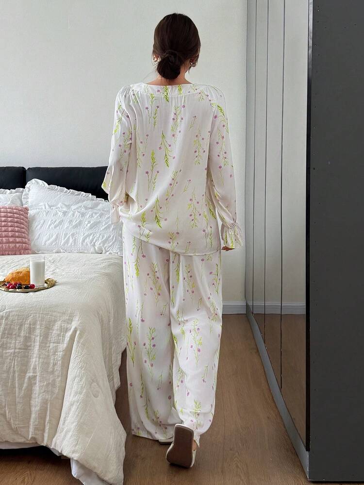 Elegant Botanical Print Lightweight Ruffled Hem Women Pajama Set, Spring/Summer