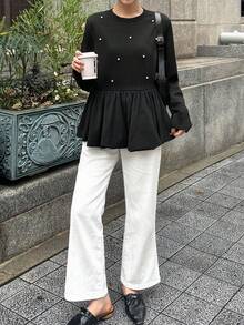 FRIFUL 女士黑色圆领长袖水钻拼接纹理绒面宽松休闲百搭T恤，秋冬款 - 黑色 - 查看 3