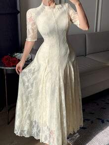 DAZY Women's Elegant Textured Lace Round Neck Long Dress, Suitable For Spring & Summer - Beige - View 7