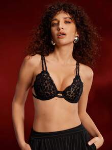 1件女士黑色性感蕾丝文胸，深V领编织可调节肩带，钢圈设计，露背网纱拼接内衣 - 黑色 - 查看 4