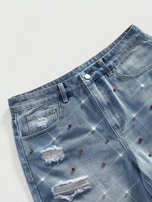 ROMWE MEN Pantalones cortos de mezclilla casuales y sueltos con tachuelas para hombre - Azul - Ver 3