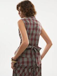 Poéselle Blusa sin mangas plisada a cuadros rojos de moda para mujer, de verano - Multicolor - Ver 3