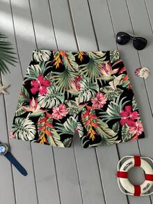 Genlund Shorts de playa con estampado floral tropical retro para hombres, con forro de malla, adecuados para vacaciones y actividades al aire libre - Negro - Ver 4