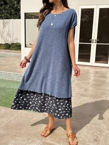 Livesso 女士褶皱宽松飘逸中长款夏季连衣裙 - 藍色 - 查看 5