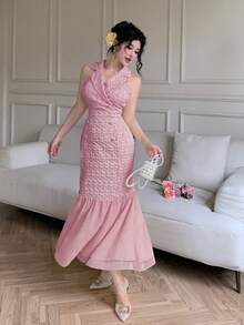 Modelyn Elegant Blazer Collar Double-Breasted Chiffon Patchwork Jacquard Yellow Dress - Pink - View 6