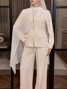 DAZY Women's Casual White Patchwork Blazer And Wide Leg Pants Suit, Spring - Beige - View 5