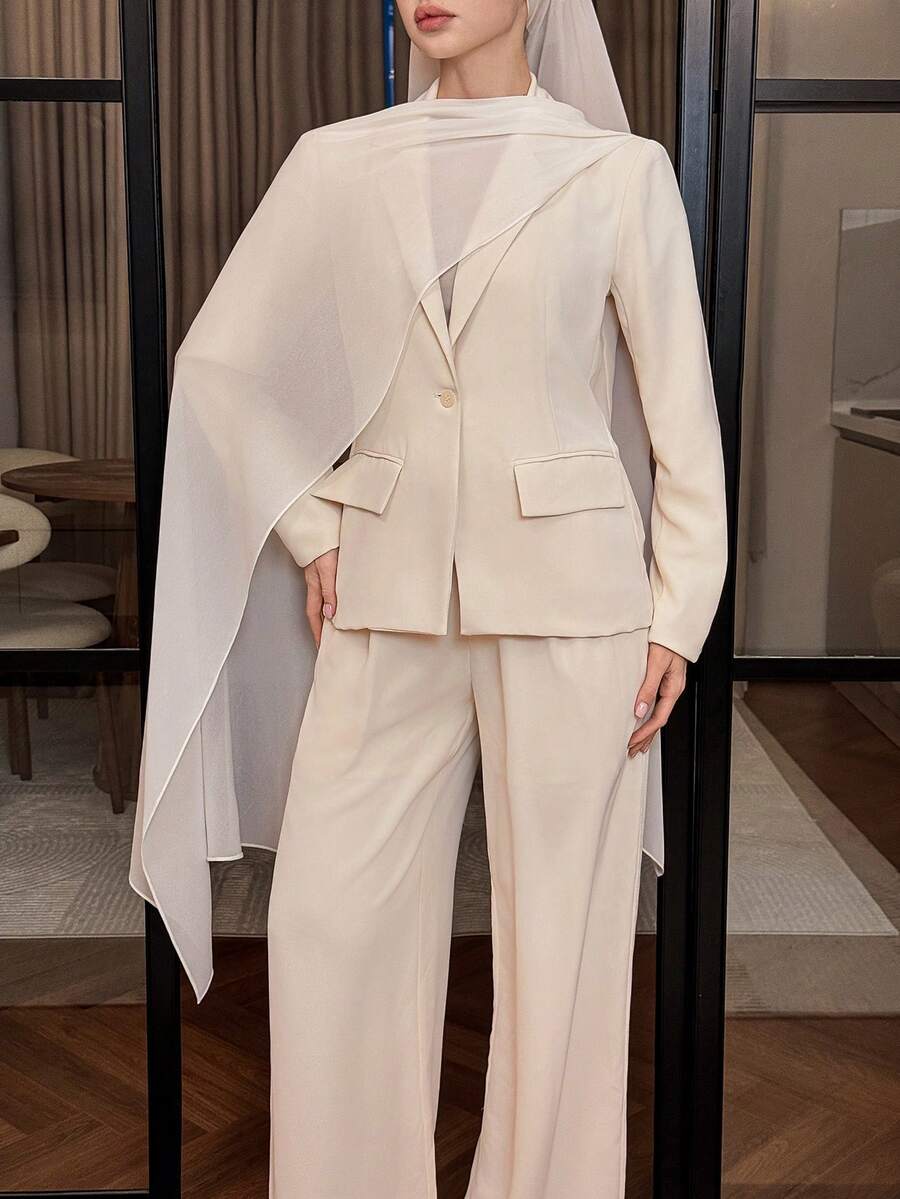 DAZY 女士休闲白色拼接西装外套和阔腿裤套装，春季 - 米色 - 查看 1