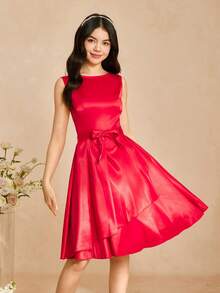 Satin Formal Dress For Teenagers, Teen Girl Taffeta Party Dress, Celebratory Red Banquet Dress For Teen Girl - Red - View 4