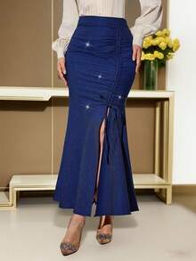 Modelyn Women's Blue Unique Design Bodycon Mermaid Hem Slit Pleated Skirt - Blue - View 9