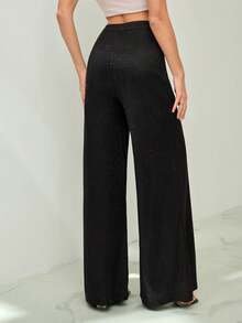 SHEIN Tall Casual Shiny Knit Material High Waist Wide Leg Pants For Women - Black - View 6