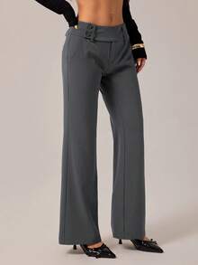 SHEIN PETITE 女士时尚休闲复古口袋喇叭裤，复古风，商务休闲女装，外出穿搭，返校季，巧克力色喇叭裤，休闲裤，复古裤，秋季 - 深灰色 - 查看 9