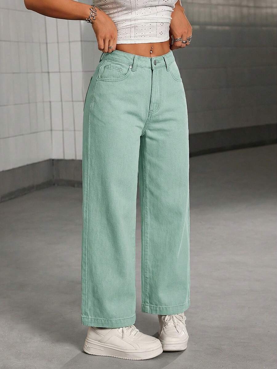 SHEIN PETITE Jeans anchos y sueltos con bolsillos, versátiles y casuales para mujer - Verde - Ver 1