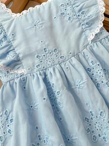 Cozy Pixies 女婴碎花边方领短袖腰系带连衣裙 - 寶藍色 - 查看 4