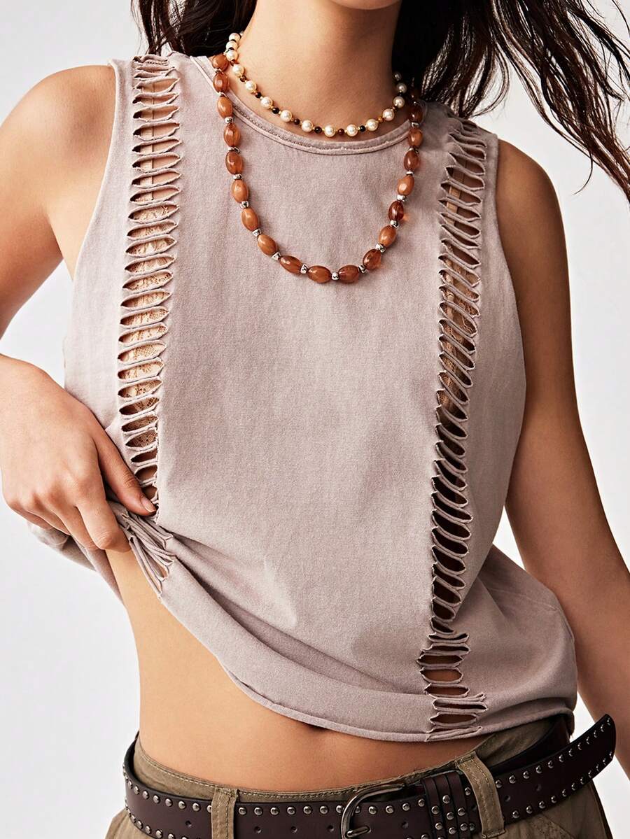 Bohemela Top corto de punto de un solo color lavado para mujer - Albaricoque - Ver 1