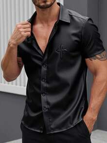 Manfinity VCAY Men's Casual Solid Color Short Sleeve Shirt, Summer Men's Short Sleeve Shirt Men's Leather Shirt Gothic Button Up Shirt Men's Faux Leather Shirt Men's Black Shirt - Black - View 8