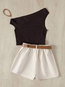 Firerie Kids 少女休闲时尚通勤套装，咖啡棕色荷叶边肩部纹理纯色上衣搭配杏色松紧腰裤两件套 - 咖啡棕 - 查看 5