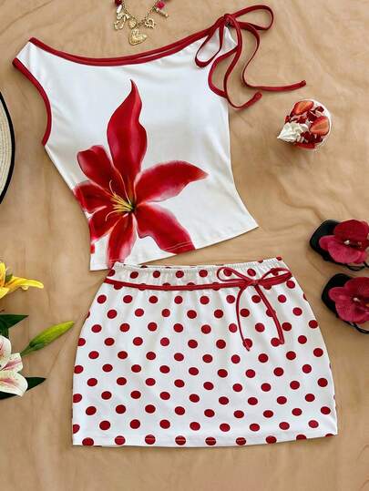 Soleia 2pcs/Set Women Asymmetric Neckline Tie Floral Print Tank Top And Polka Dot Print Skirt Summer Holiday Outfits Spring Clothing Carnival Women  Fasching Women Costume Party Outfit  Beach Outfit Going Out Outfits Vacation Outfits Women Holiday Casual Sets For Women Polka Dot Skirt Floral Top Graphic Tees Women