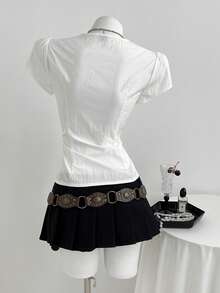 Elamini Blusa de manga corta con cuello en V profundo, mangas abullonadas y lazo en la cintura para mujeres - Blanco - Ver 2