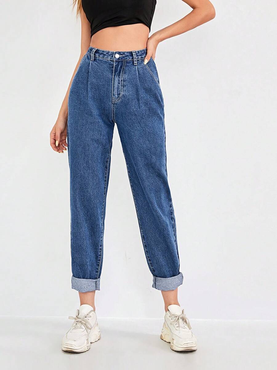SHEIN ICON Casual Washed High Waist Tapered Denim Jeans - Blue - View 1