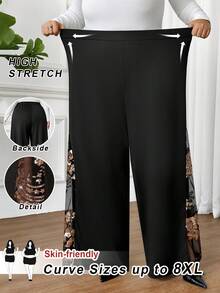 SHEIN CURVE+ Plus Size Women's Romantic Elegant Fashion Black High Waist Sequin Embroidery Mesh Patchwork Wide Leg Pants, Stretchy Knit Trousers - Black - View 8