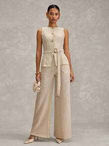 SHEIN Women Two Pieces Outfits Vest And Pant Sets - Beige - View 1