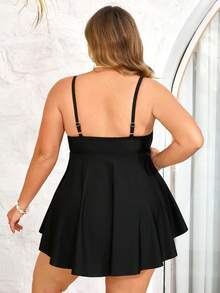 SHEIN CURVE+ 大码夏季沙滩纯色不对称下摆背心和泳裤套装，度假比基尼泳装，女士度假套装，女士沙滩装，大码泳衣两件套，泳装 - 黑色 - 查看 2