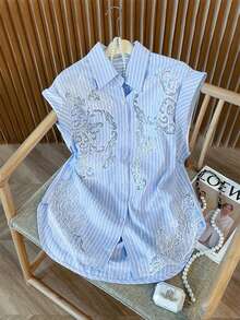 GlowEve 女士条纹印花极简无袖衬衫，休闲日常穿着 - 藍色 - 查看 1